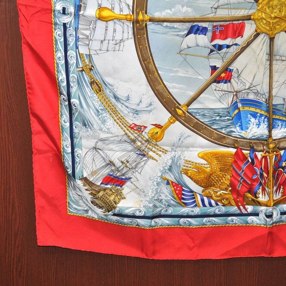 Authentic HERMES Carre 90 Scarf "Vive Le Vent" Silk Red - Picture 5 of 13